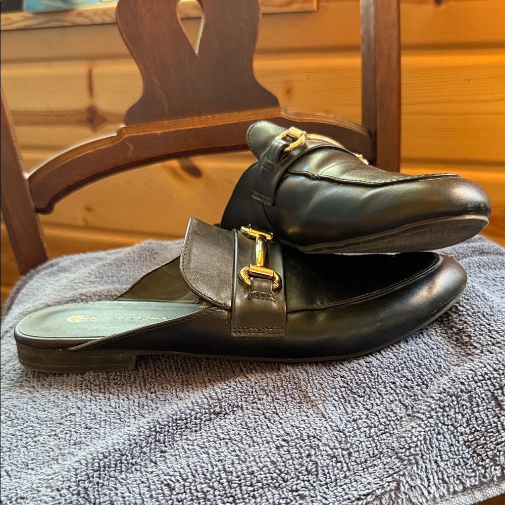 Big Buddha Black Leather Slip-On Loafers with Gold Buckle 8.5 - Picture 1 of 8